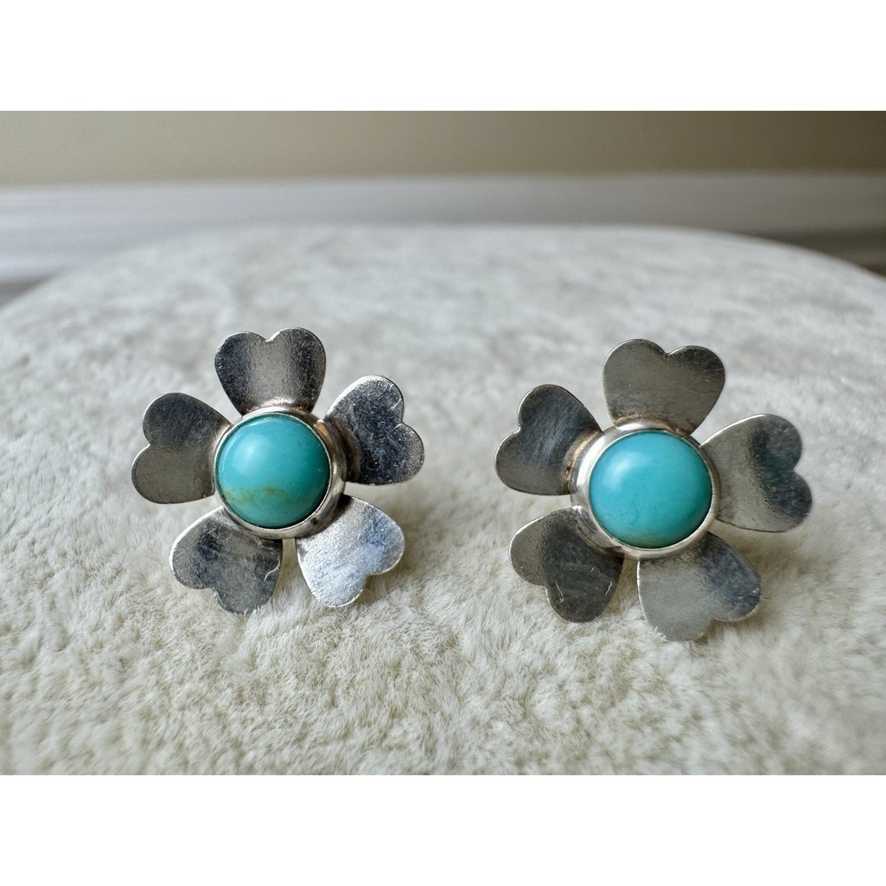 Sterling Silver Turquoise Flower‎ Stud Earrings Heart Petal Artisan Jewelry